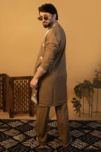 Maharana Taupe Embroidered Linen Kurta