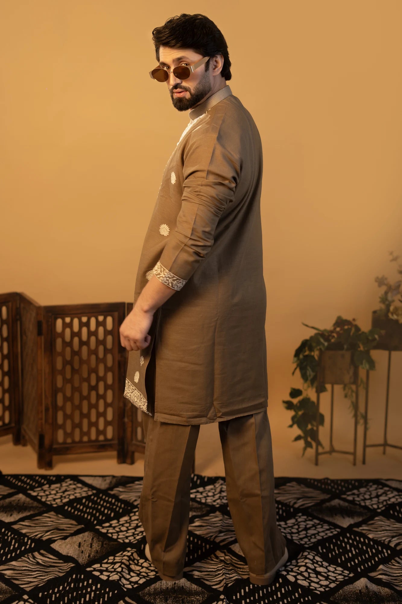 Maharana Taupe Embroidered Linen Kurta