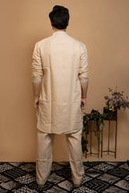 Maharana Ivory Geometric Embroidered Linen Kurta
