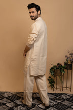 Maharana Ivory Geometric Embroidered Linen Kurta
