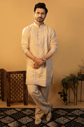 Maharana Ivory Geometric Embroidered Linen Kurta