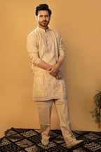 Maharana Ivory Geometric Embroidered Linen Kurta