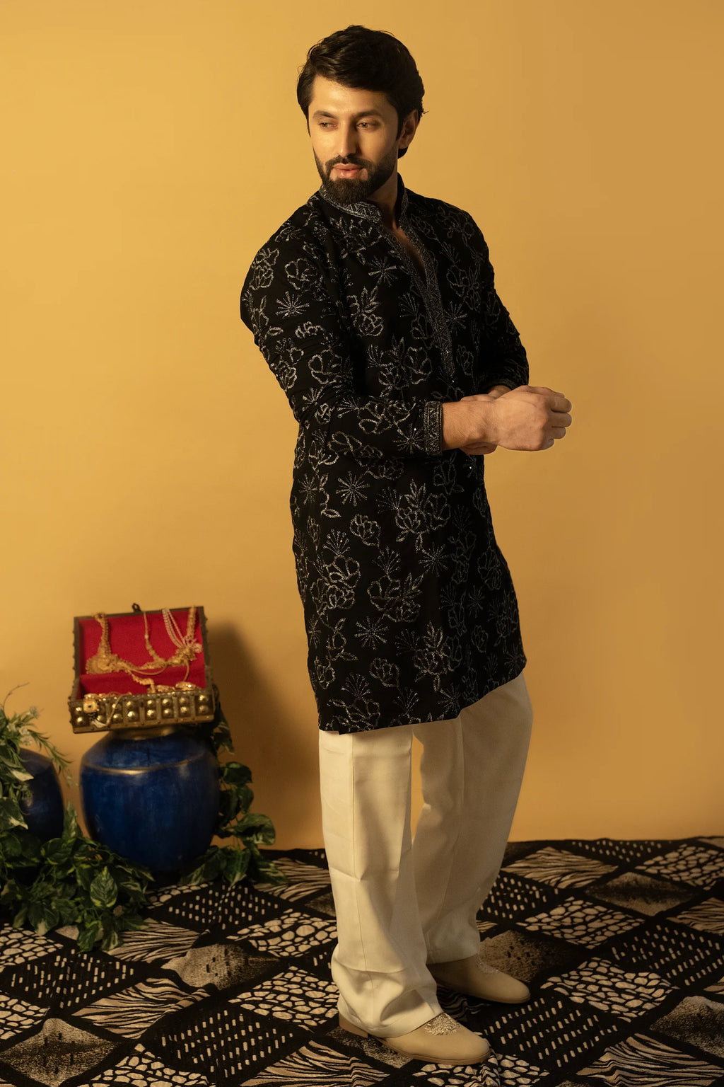 Maharana Black Silver Sequin Embroidered Kurta