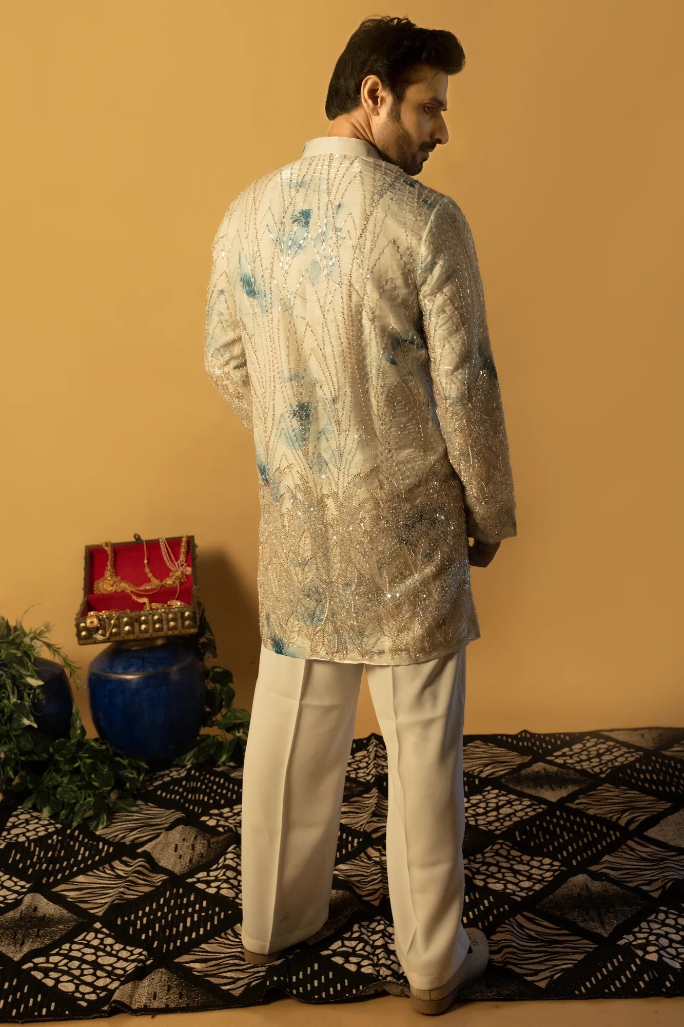 Maharana Ivory Sequin Kurta with Blue Floral Accents