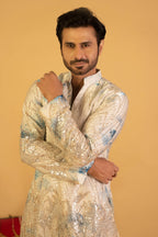 Maharana Ivory Sequin Kurta with Blue Floral Accents