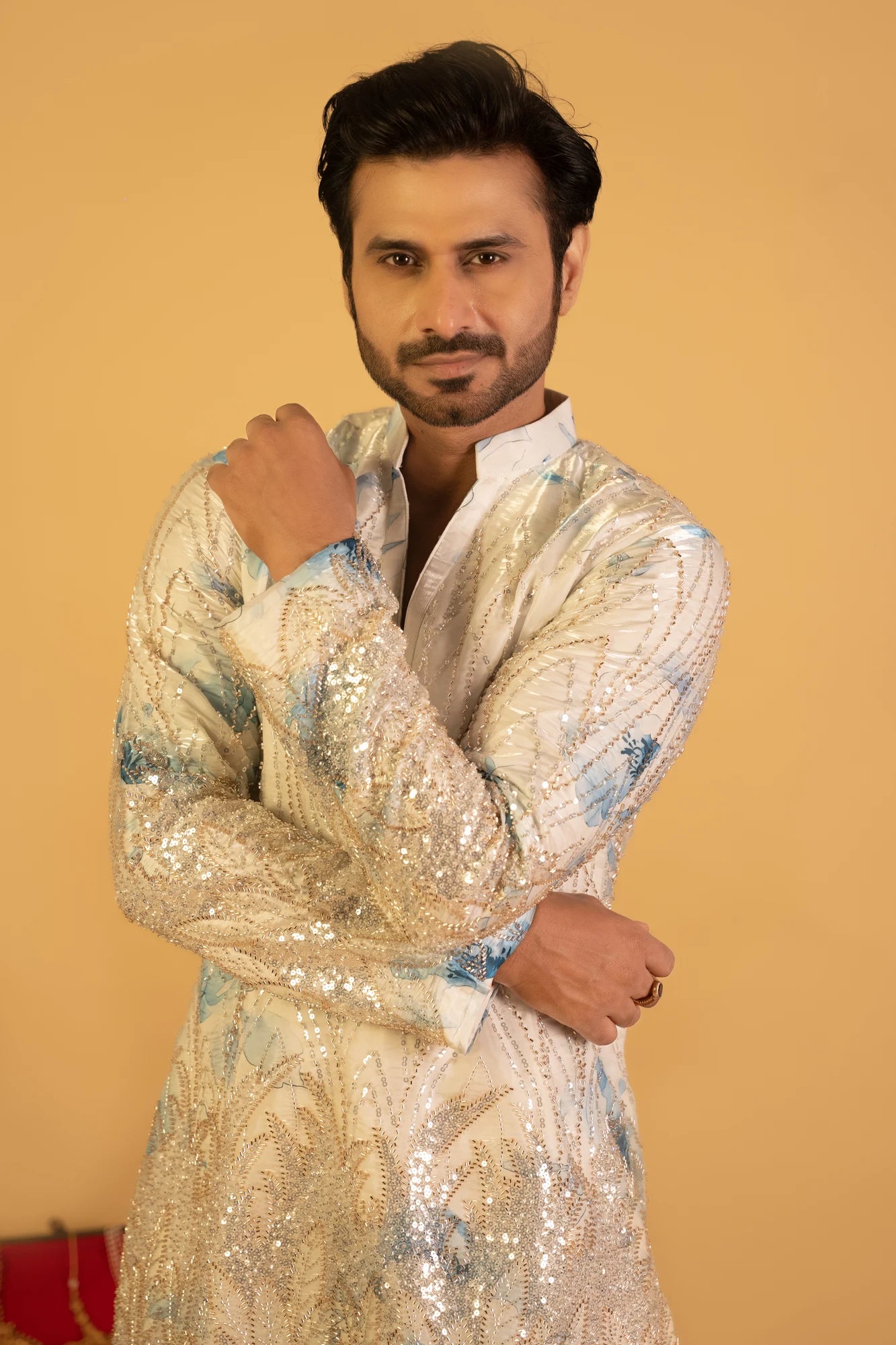 Maharana Ivory Sequin Kurta with Blue Floral Accents