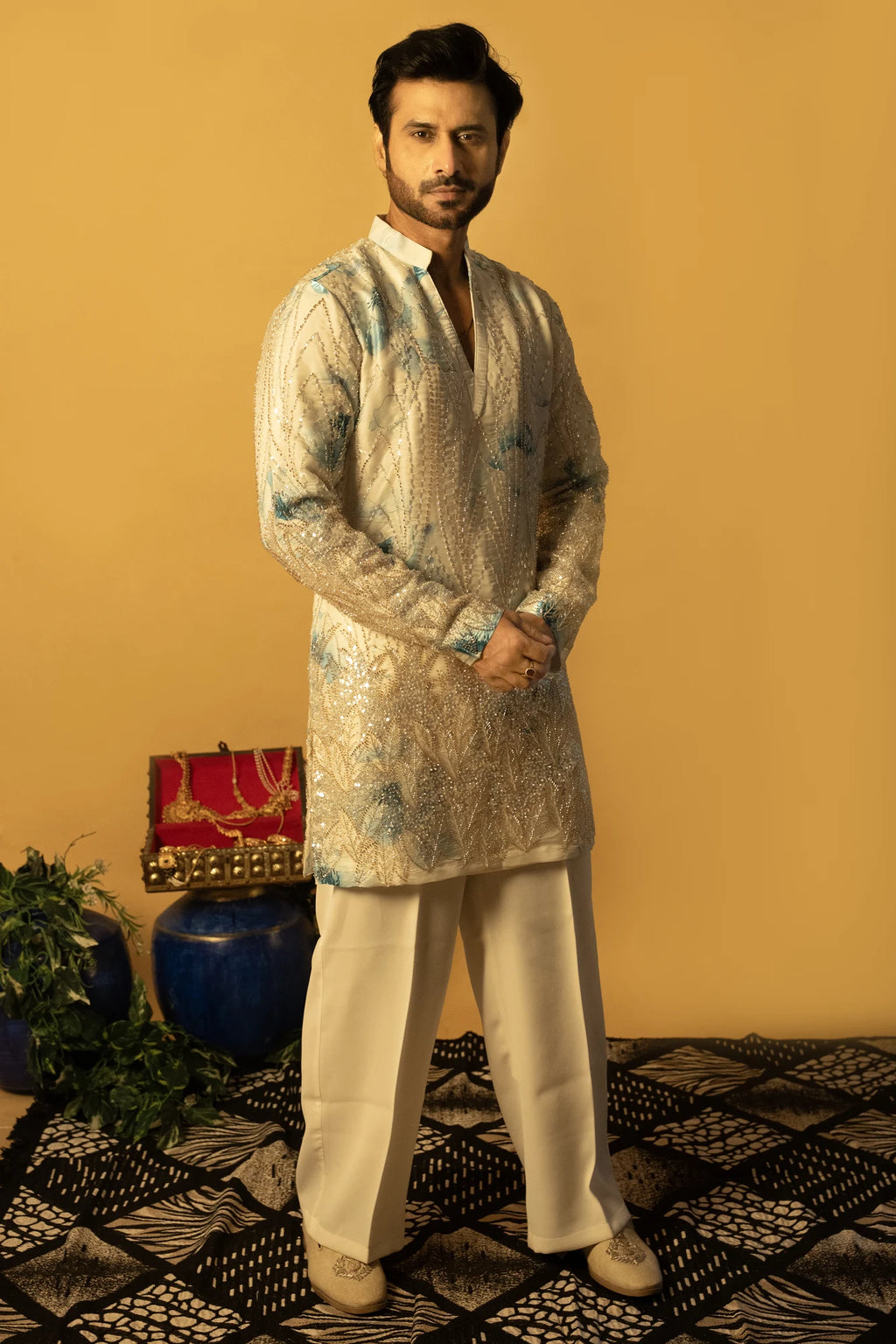 Maharana Ivory Sequin Kurta with Blue Floral Accents