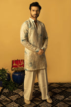 Maharana Ivory Sequin Kurta with Blue Floral Accents