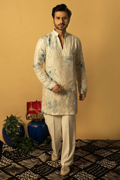 Maharana Ivory Sequin Kurta with Blue Floral Accents