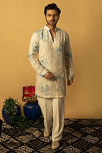 Maharana Ivory Sequin Kurta with Blue Floral Accents