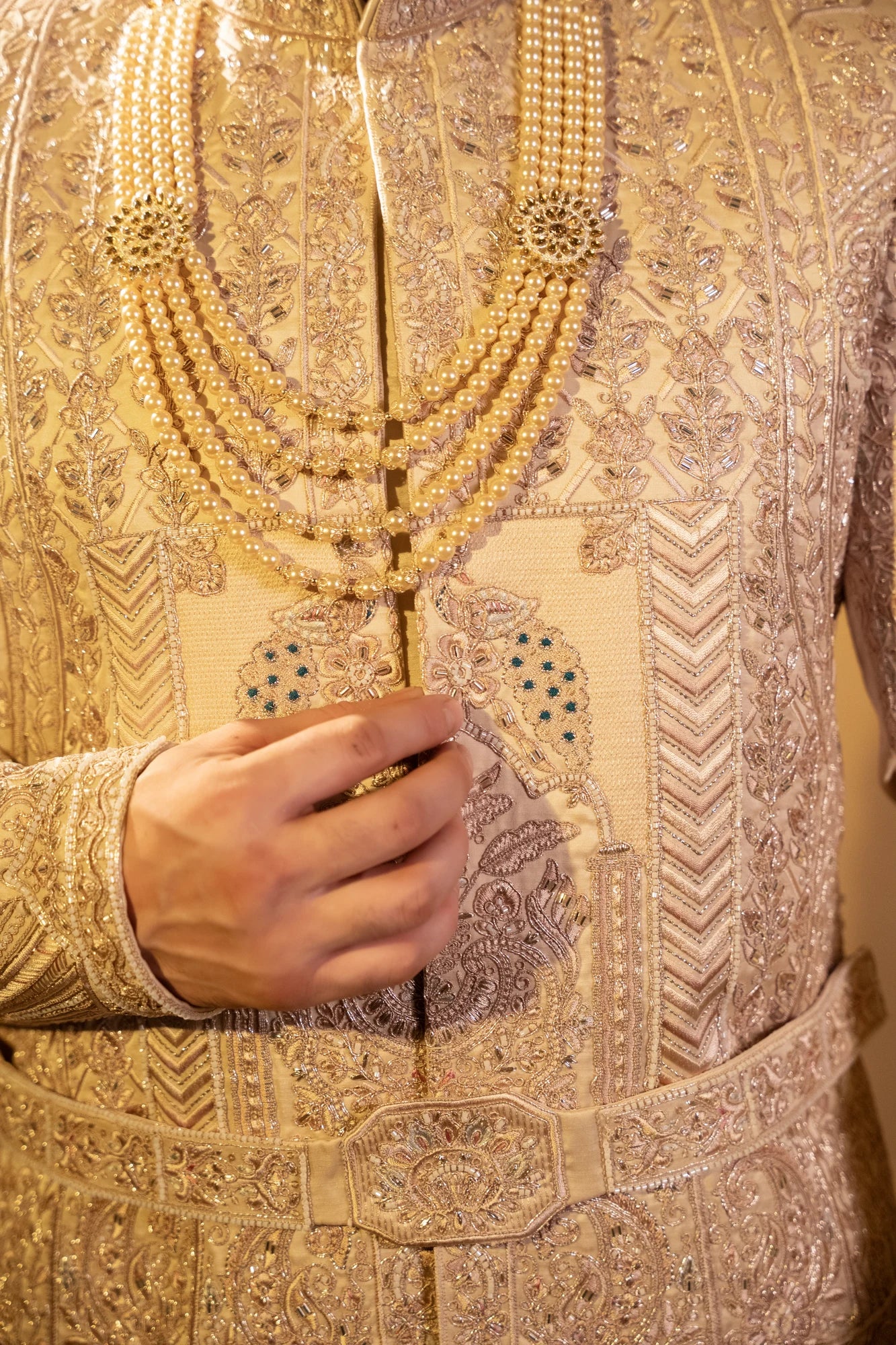 Maharana Ivory Belted Zari Embroidered Sherwani Set