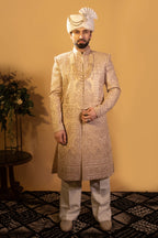 Maharana Ivory Belted Zari Embroidered Sherwani Set