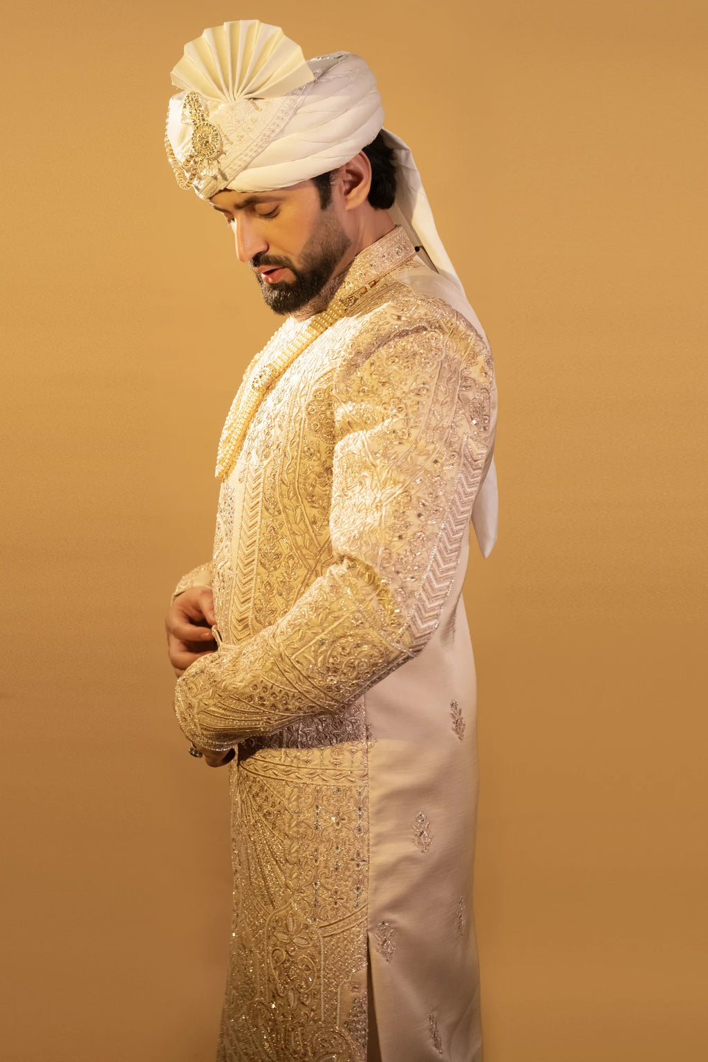 Maharana Ivory Belted Zari Embroidered Sherwani Set