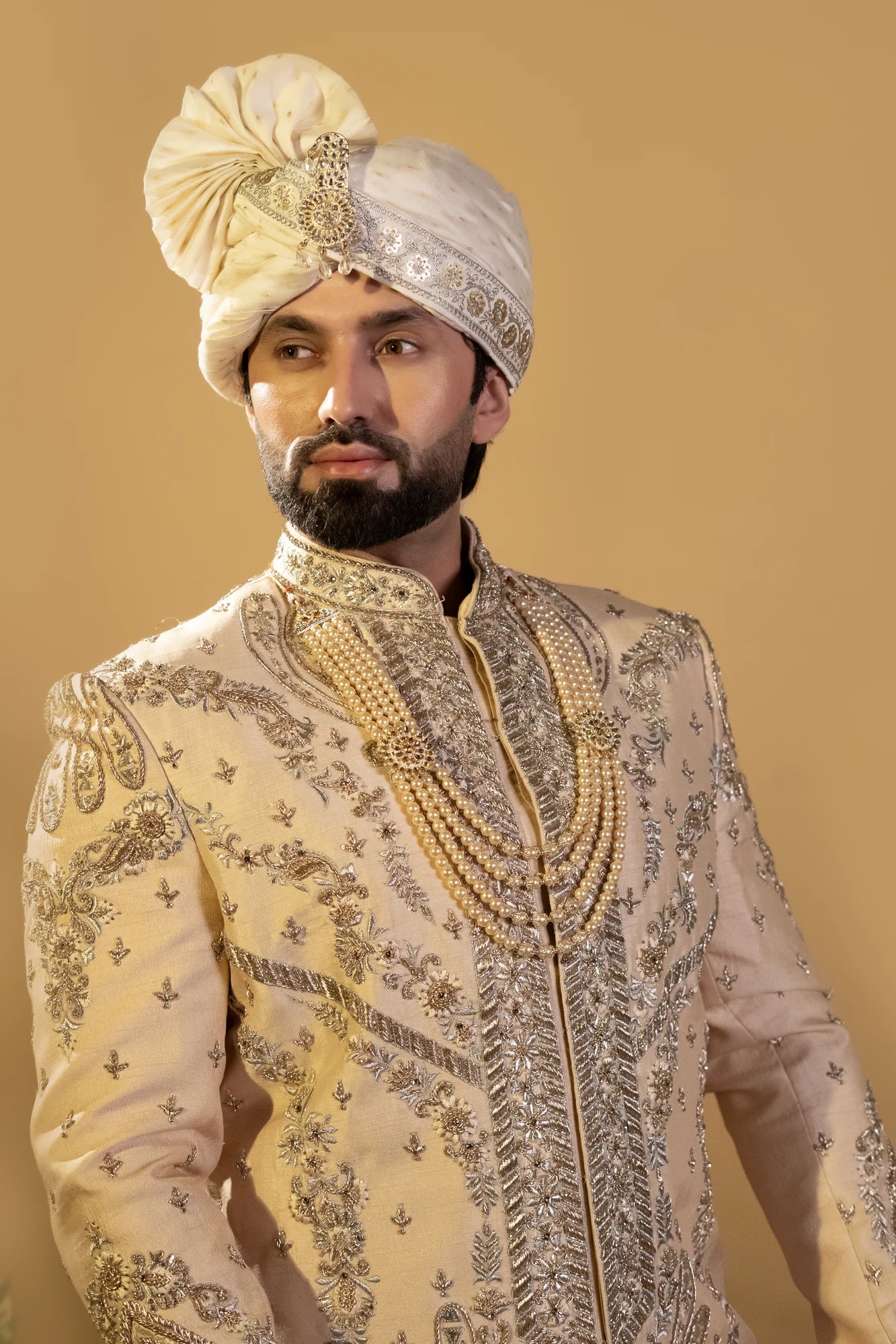 Maharana Ivory & Olive Sequin Sherwani Set