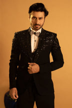 Maharana Black Sequin-Shoulder Tuxedo Suit