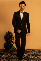 Maharana Black Sequin-Shoulder Tuxedo Suit
