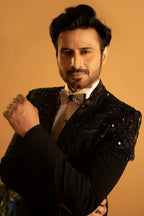 Maharana Black Sequin-Shoulder Tuxedo Suit