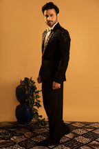 Maharana Black Sequin-Shoulder Tuxedo Suit