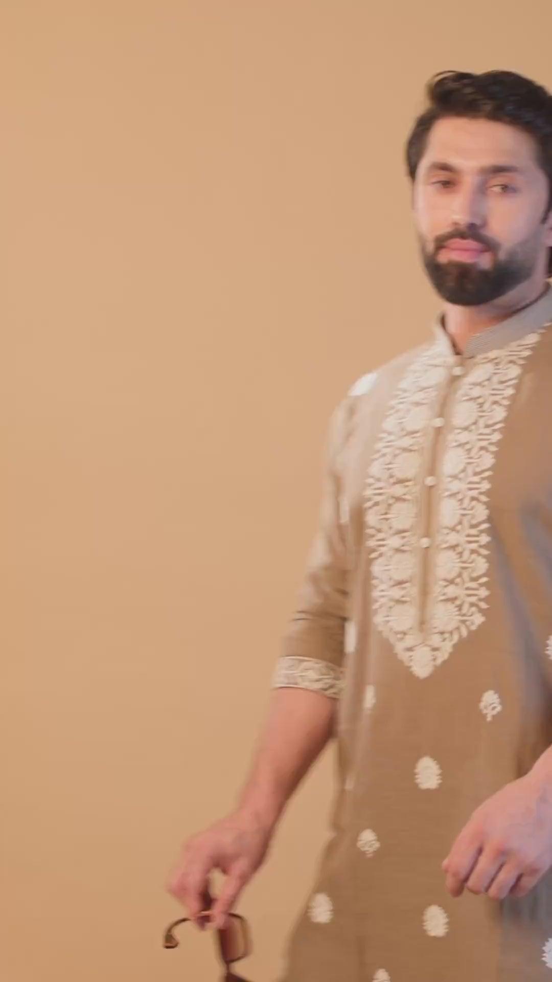 Maharana Taupe Embroidered Linen Kurta