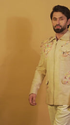Maharana Butter Yellow Floral Appliqué Indowestern Set