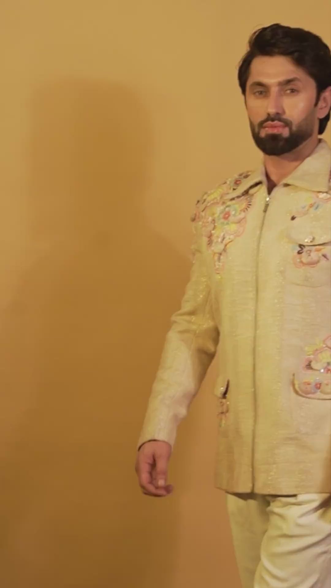 Maharana Butter Yellow Floral Appliqué Indowestern Set