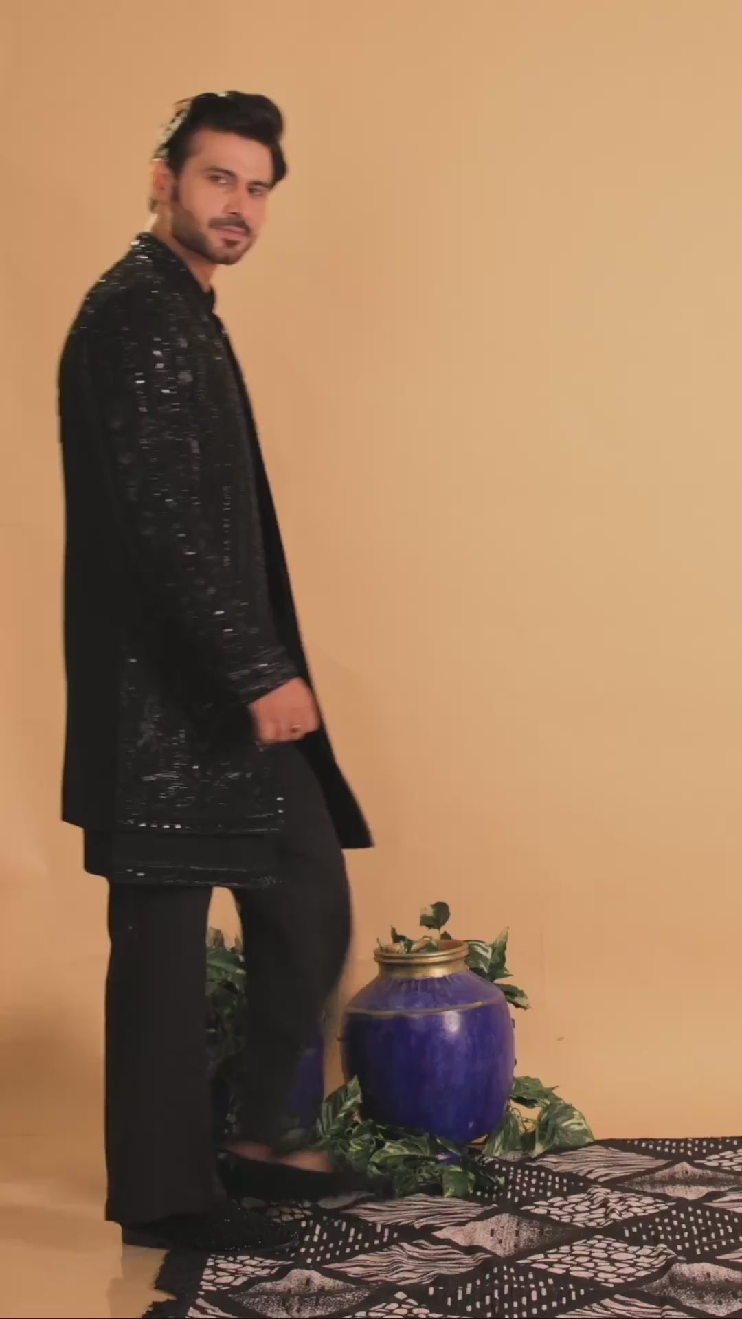 Maharana Black Sequin Embroidered Indowestern Jacket Set